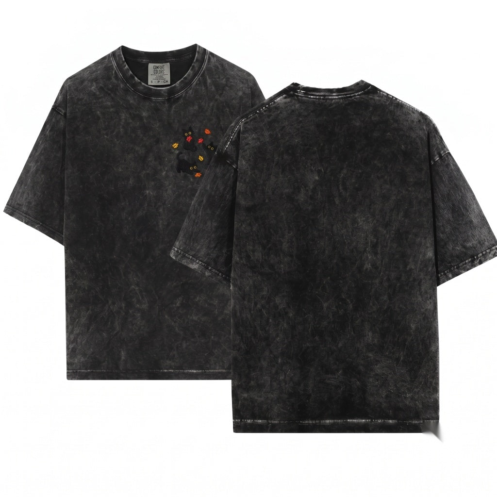Black Cats Fall Leaves Embroidered Cute Autumn Cozy Halloween Unisex Wash T-Shirt