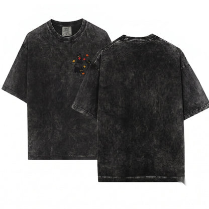 Black Cats Fall Leaves Embroidered Cute Autumn Cozy Halloween Unisex Wash T-Shirt