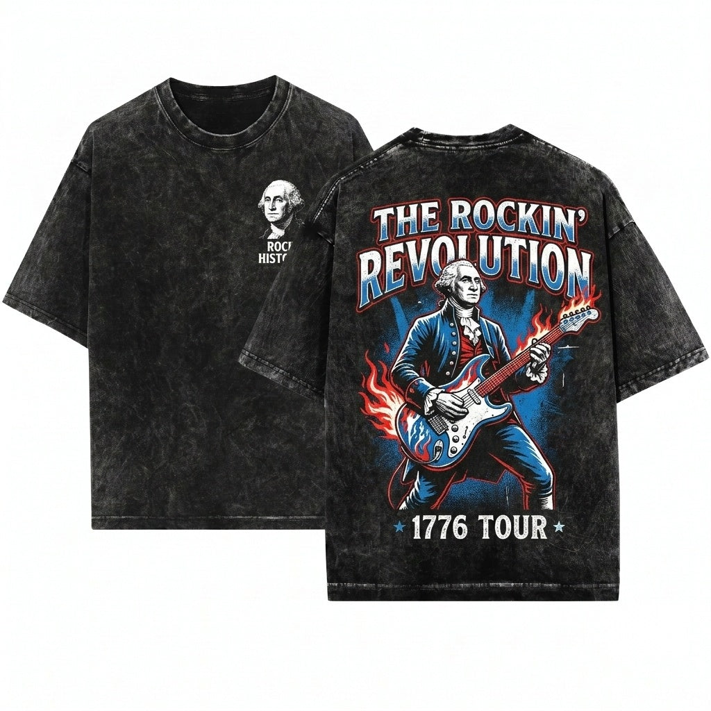 Funny George Washington Playing Guitar Vintage American Rocker Patriotic Retro 4th Of July Unisex Wash T-Shirt