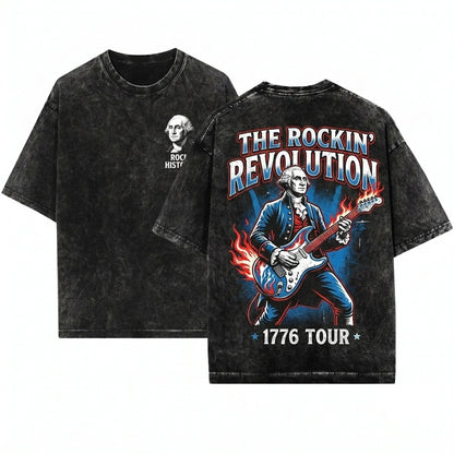 Funny George Washington Playing Guitar Vintage American Rocker Patriotic Retro 4th Of July Unisex Wash T-Shirt