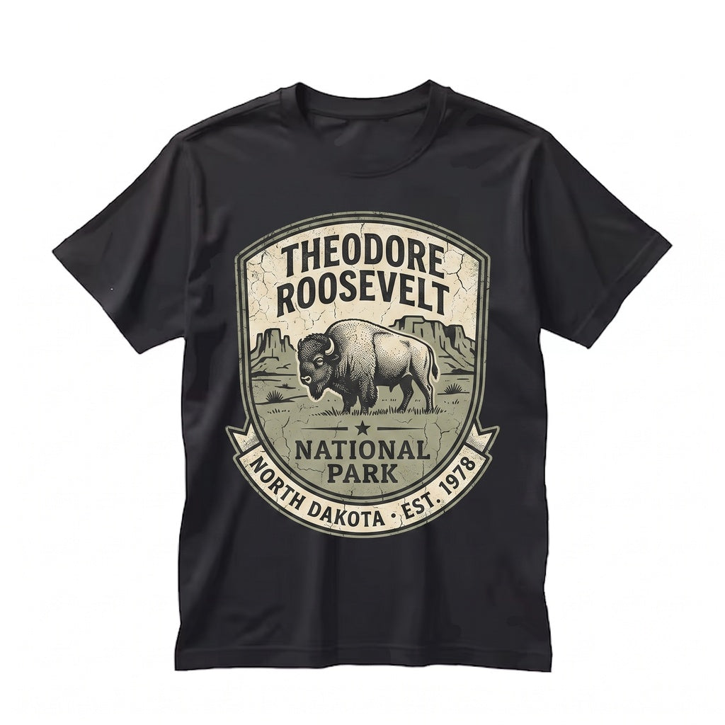 Theodore Roosevelt National Park North Dakota Vintage Bison Landscape Western Badlands Souvenir Unisex TShirt