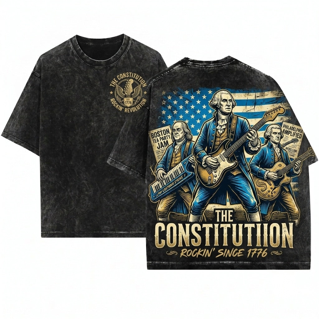 Funny George Washington Playing Guitar Vintage American Rocker Patriotic Retro 4th Of July Unisex Wash T-Shirt