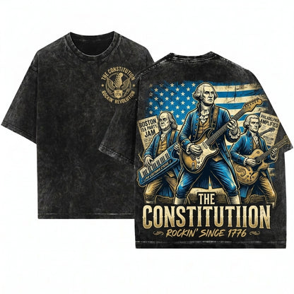 Funny George Washington Playing Guitar Vintage American Rocker Patriotic Retro 4th Of July Unisex Wash T-Shirt
