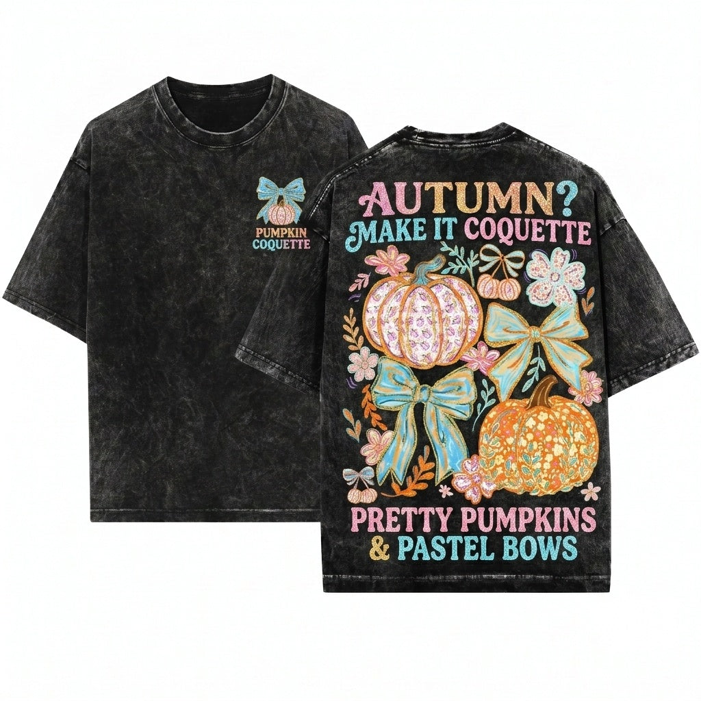 Colorful Floral Coquette Brushstroke Glitter Bow Pumpkin Autumn Thanksgiving Girly Unisex Wash T-Shirt