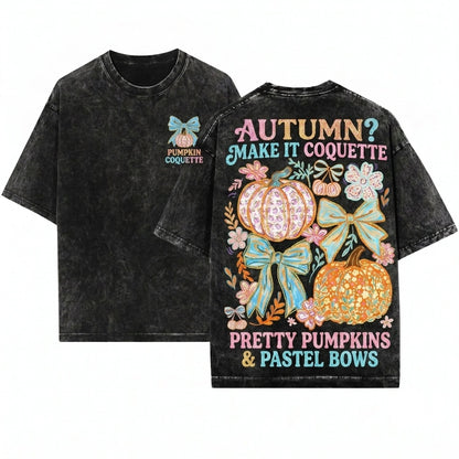Colorful Floral Coquette Brushstroke Glitter Bow Pumpkin Autumn Thanksgiving Girly Unisex Wash T-Shirt