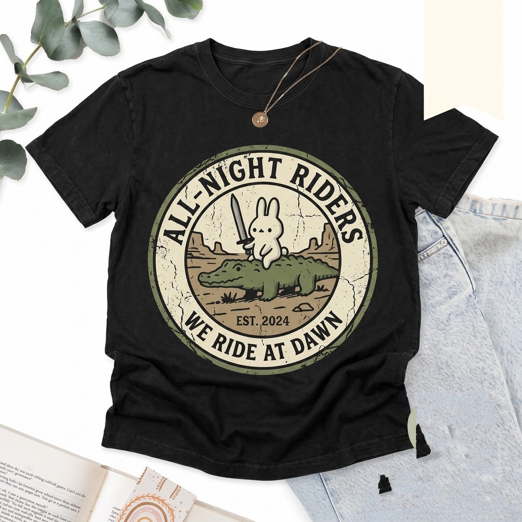 We Ride At Dawn Embroidered Bunny Alligator Renaissance Faire Funny Whimsical Animal Unisex TShirt