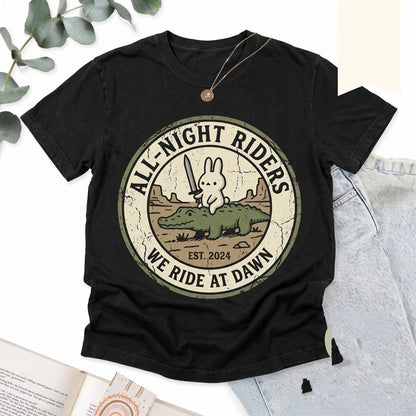 We Ride At Dawn Embroidered Bunny Alligator Renaissance Faire Funny Whimsical Animal Unisex TShirt