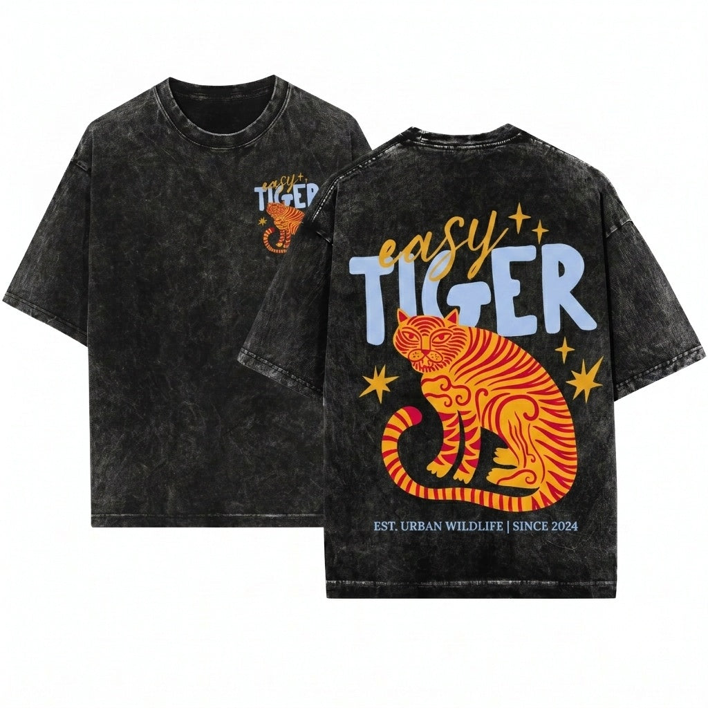 Easy Tiger Graphic Cropped Boxy Womens Retro Boho Festival Top Unisex Wash T-Shirt