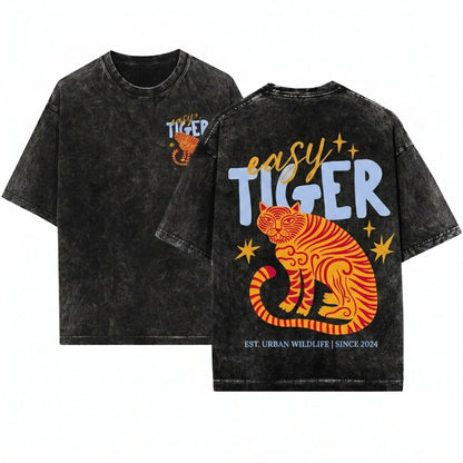 Easy Tiger Graphic Cropped Boxy Womens Retro Boho Festival Top Unisex Wash T-Shirt