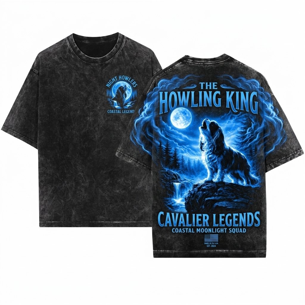 Cavalier Howling Vintage 90s Retro Animal Graphic Spaniel Silly Full Moon Dog Unisex Wash T-Shirt