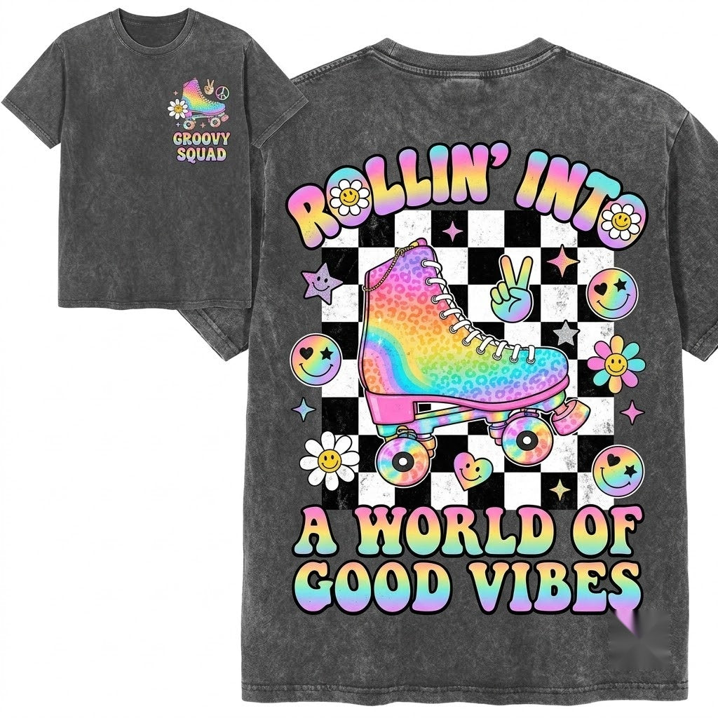 Personalized Retro Roller Skate Grade Name Colorful Checkerboard Back To School Unisex Wash T-Shirt