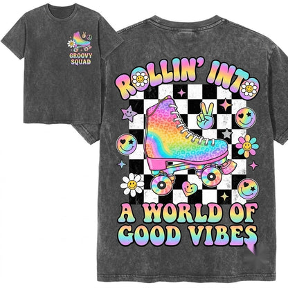 Personalized Retro Roller Skate Grade Name Colorful Checkerboard Back To School Unisex Wash T-Shirt