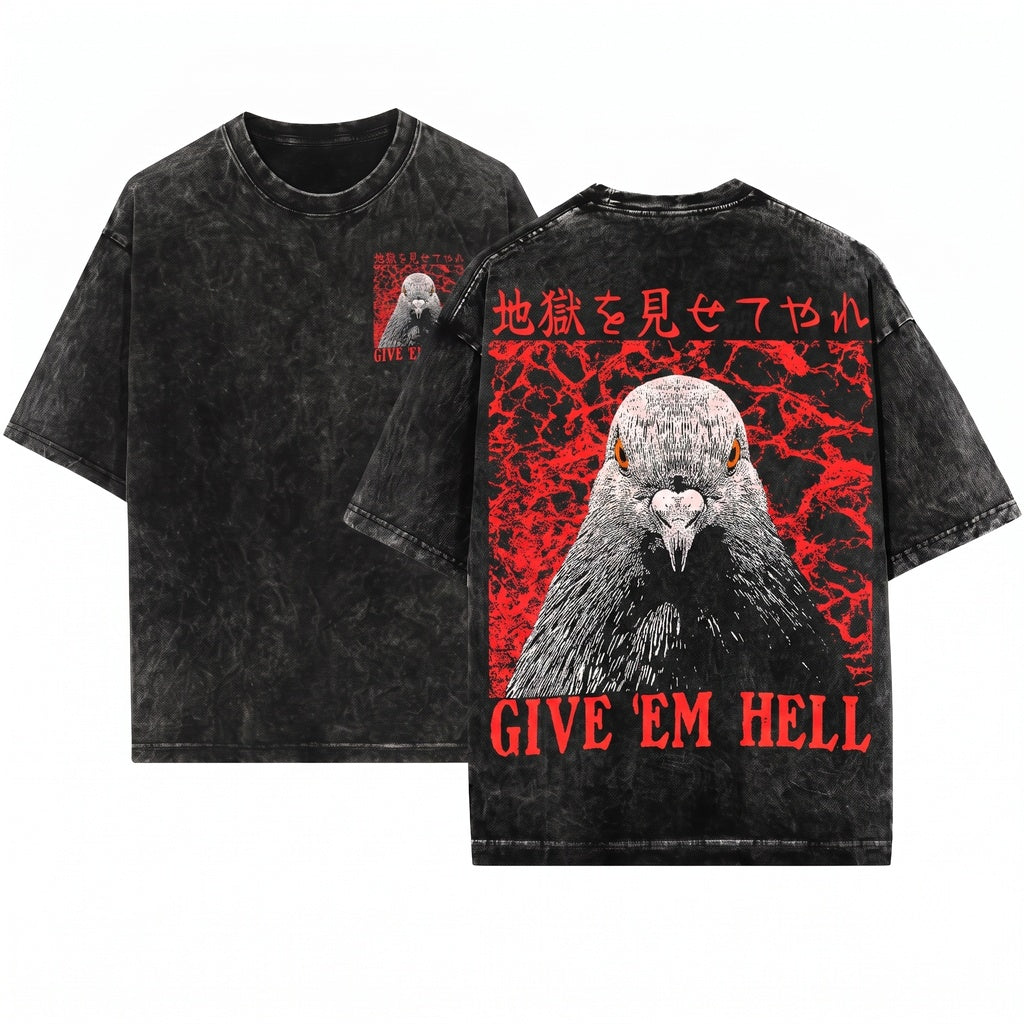 Give Em Hell Retro Japanese Pigeon Graphic Humorous Vintage Unisex Wash T-Shirt