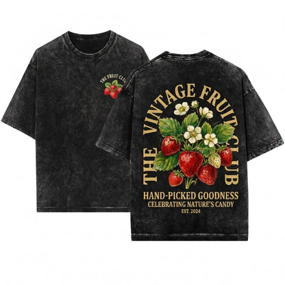 Vintage Botanical Strawberry Fruit Club Graphic Print Unisex Wash T-Shirt