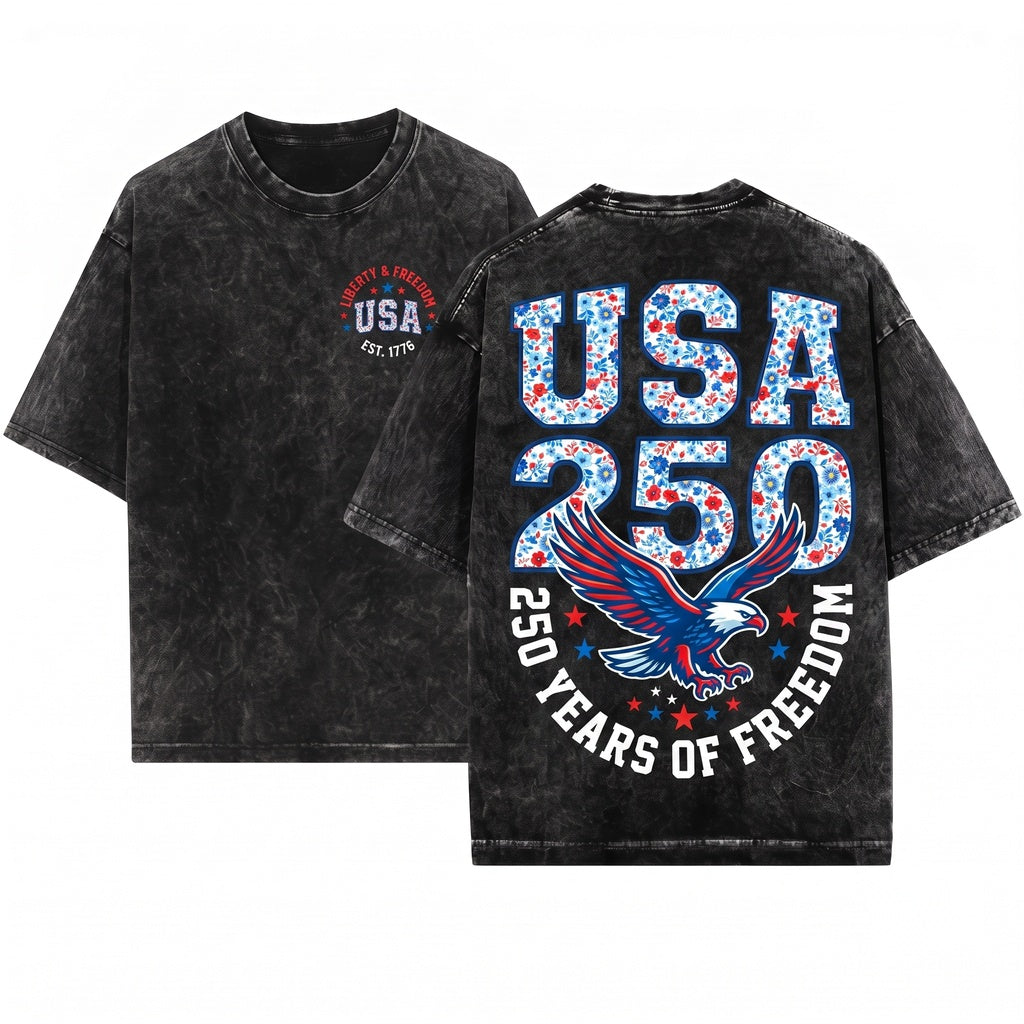 USA 250 Years Of Freedom Patriotic Floral Varsity Unisex Wash T-Shirt