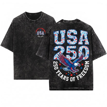 USA 250 Years Of Freedom Patriotic Floral Varsity Unisex Wash T-Shirt