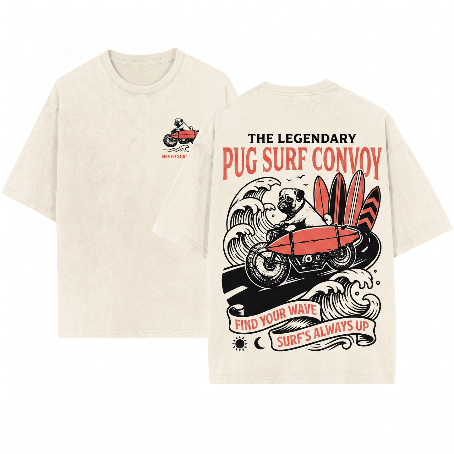 Surf Pug Graphic Tee - Retro Bike Surfer Dog Vintage Mom Dad Gift Unisex Heavyweight Garment-Dyed T-Shirt