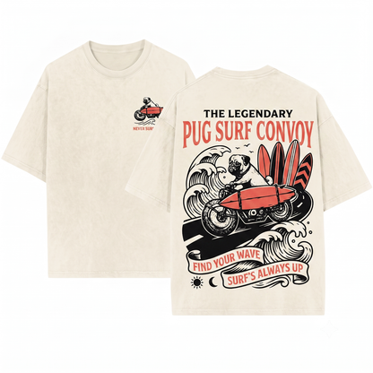 Surf Pug Graphic Tee - Retro Bike Surfer Dog Vintage Mom Dad Gift Unisex Heavyweight Garment-Dyed T-Shirt