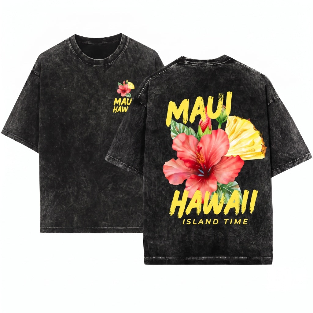 Maui Hawaii Pineapple Hibiscus Graphic Island Floral Summer Vintage Casual Men Women Apparel Unisex Wash T-Shirt