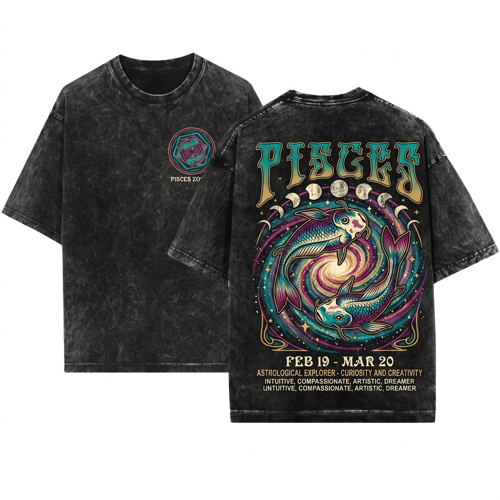 Retro Pisces Zodiac Astrology Graphic Unisex Wash T-Shirt
