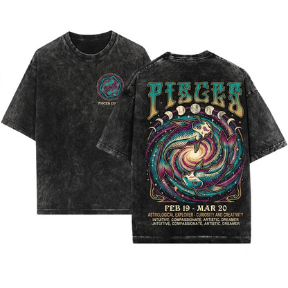 Retro Pisces Zodiac Astrology Graphic Unisex Wash T-Shirt
