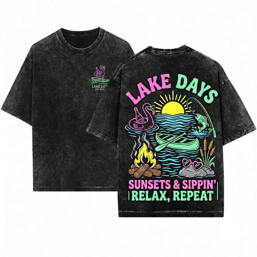 Lake Days Summer Boating River Life Lover Gifts Vacation Graphic Trendy Top Unisex Wash T-Shirt