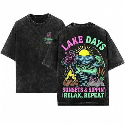 Lake Days Summer Boating River Life Lover Gifts Vacation Graphic Trendy Top Unisex Wash T-Shirt