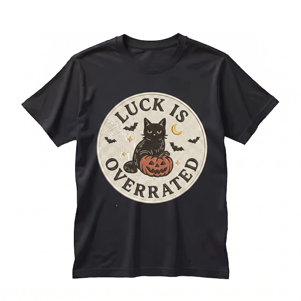 Luck Is Overrated Embroidered Black Cat Cute Spooky Halloween Funny Autumn Boo Basket Gift Unisex TShirt