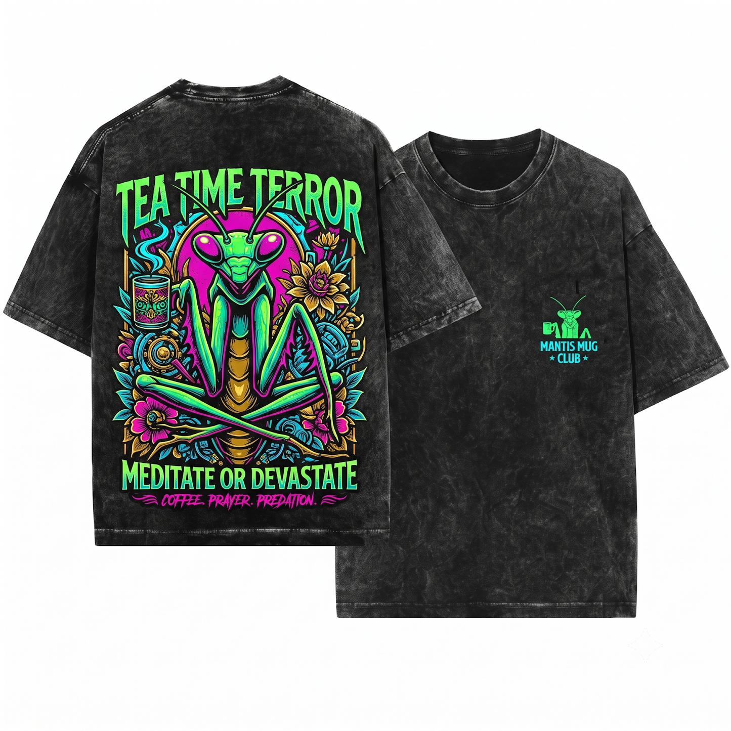 Funny Praying Mantis Coffee Feminism Graphic Tee - Chill Insect Lover Gift Unisex Heavyweight Garment-Dyed T-Shirt