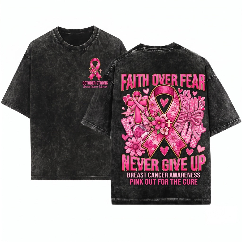 Preppy Pink Out Breast Cancer Awareness Faith Over Fear Floral Football Tackle Game Day Unisex Wash T-Shirt