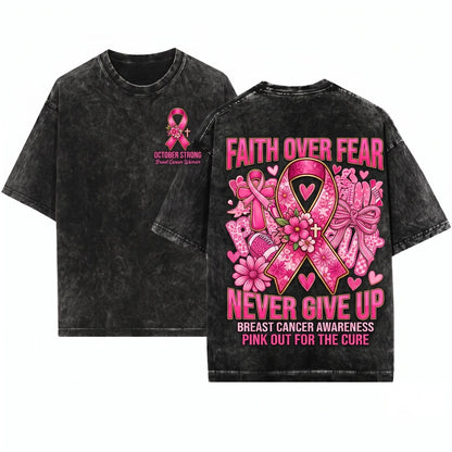 Preppy Pink Out Breast Cancer Awareness Faith Over Fear Floral Football Tackle Game Day Unisex Wash T-Shirt