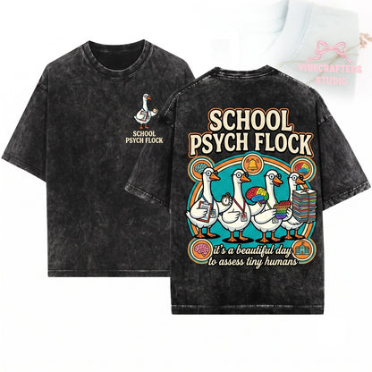 Funny School Psychologist Goose Flock Clipboard Brain SPED Assessment Paperwork Humor Unisex Wash T-Shirt