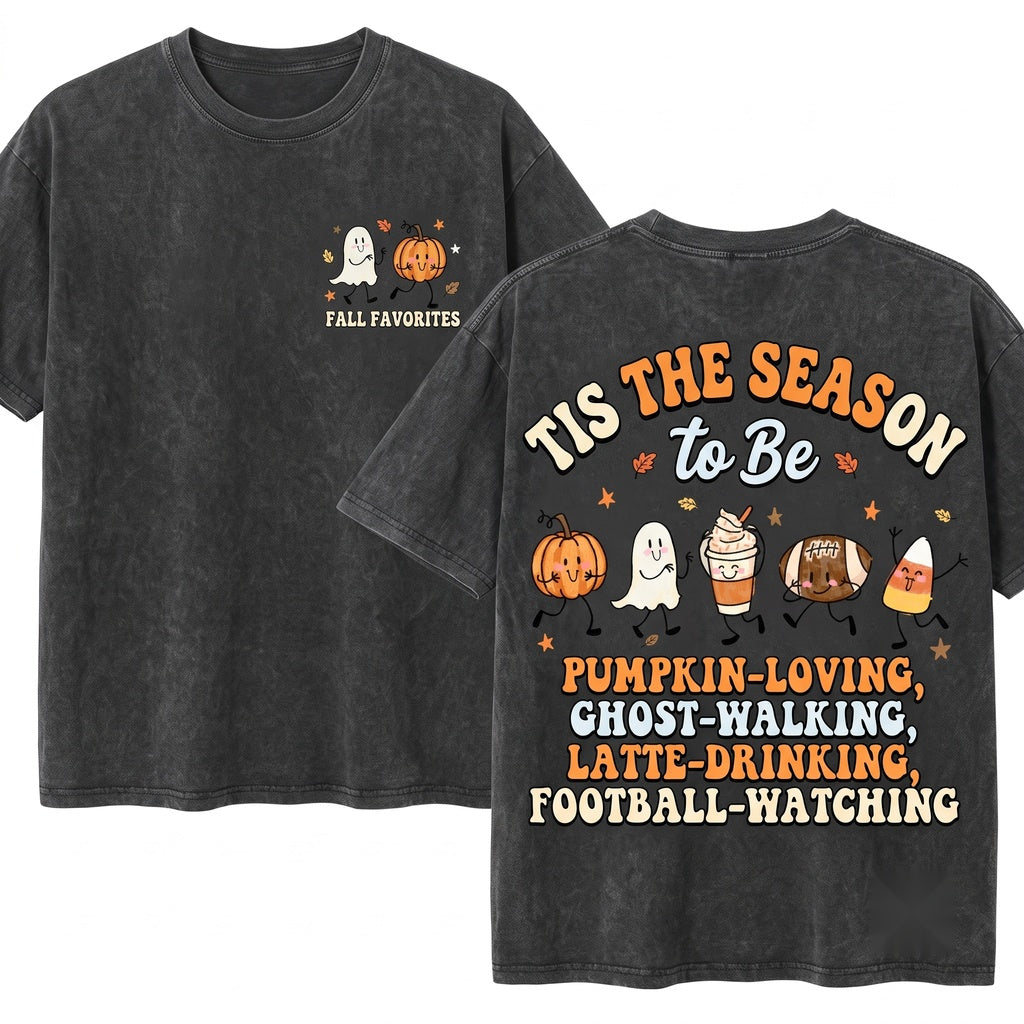 Cute Halloween Pumpkin Ghost Football Coffee Candy Corn Tis The Season Fall Doodles Cozy Autumn Unisex Wash T-Shirt
