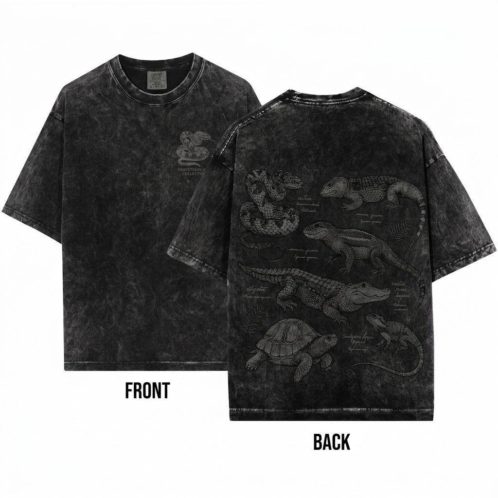 Vintage Reptile Illustration Graphic Gift Snake Lizard Herpetology Nature Tortoise Alligator Unisex Wash T-Shirt