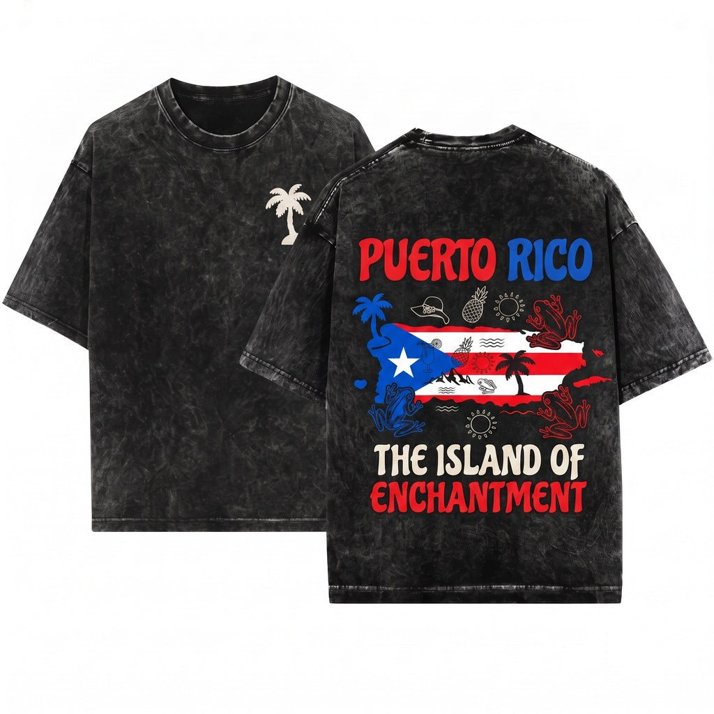 Puerto Rico La Isla del Encanto Flag Gift Travel Lover Raised Roots Unisex Wash T-Shirt