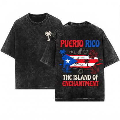Puerto Rico La Isla del Encanto Flag Gift Travel Lover Raised Roots Unisex Wash T-Shirt