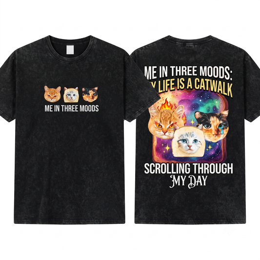 Me in Three Pictures Cat Funny Mood Graphic Tee - Emotional Meme Kitten Mom Dad Gift - Unisex Heavyweight Garment-Dyed T-Shirt