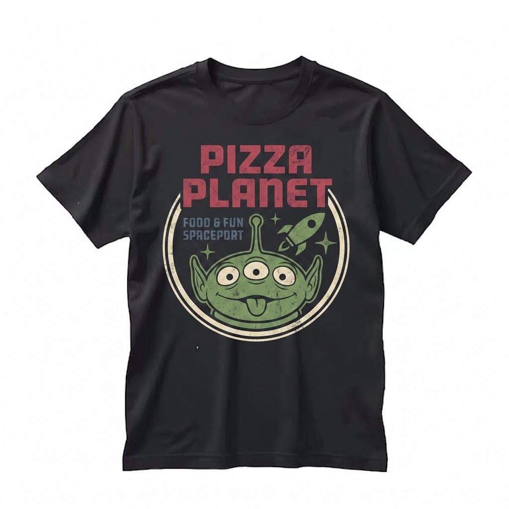 Retro Pizza Planet Spaceport Little Green Aliens Family Vacation Graphic Top Unisex TShirt