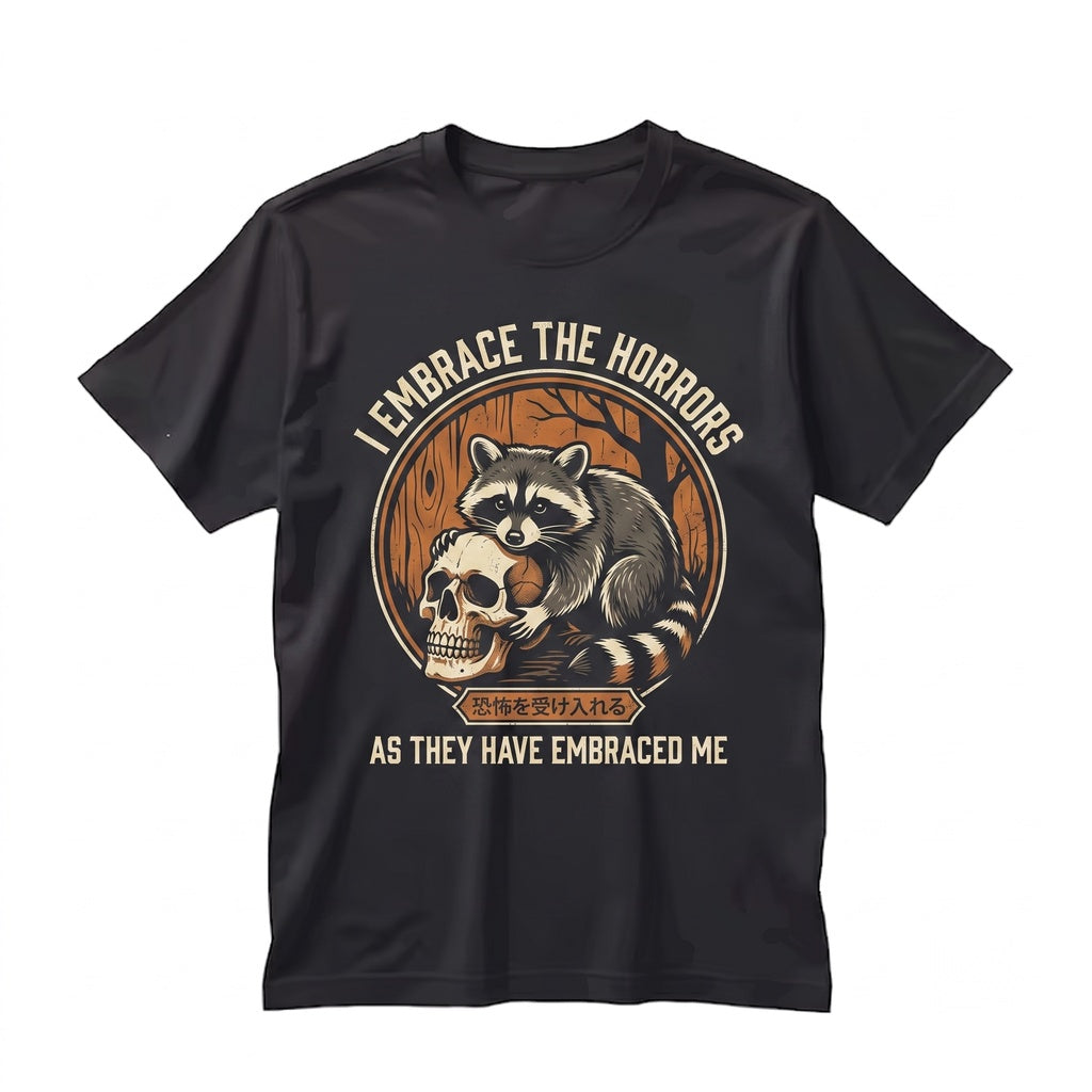 I Embrace The Horrors Vintage Japanese Raccoon Tanuki Sarcastic Meme Graphic Retro Novelty Unisex TShirt