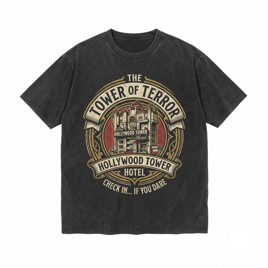 Vintage Haunted Drop Tower Theme Park Hollywood Spooky Halloween Oversized Graphic Unisex TShirt