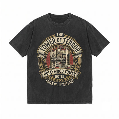 Vintage Haunted Drop Tower Theme Park Hollywood Spooky Halloween Oversized Graphic Unisex TShirt