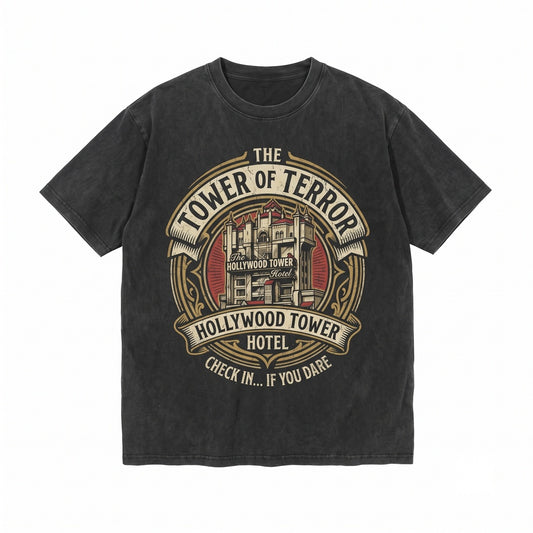 Vintage Haunted Drop Tower Theme Park Hollywood Spooky Halloween Oversized Graphic Unisex TShirt