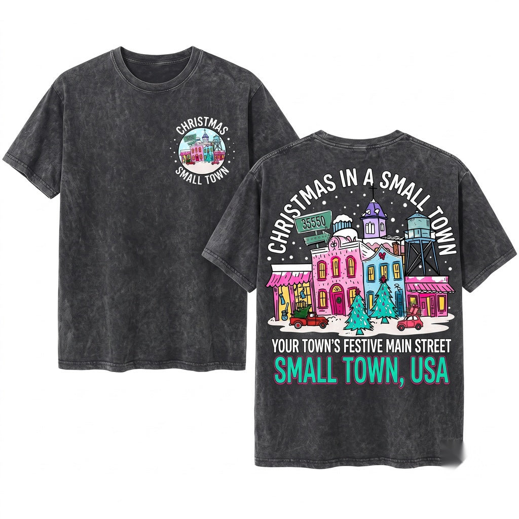 Small Town Christmas Snow Globe Cute Winter Scene Holiday Sublimation Graphic Graphic Unisex Wash T-Shirt