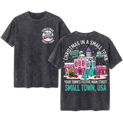 Small Town Christmas Snow Globe Cute Winter Scene Holiday Sublimation Graphic Graphic Unisex Wash T-Shirt