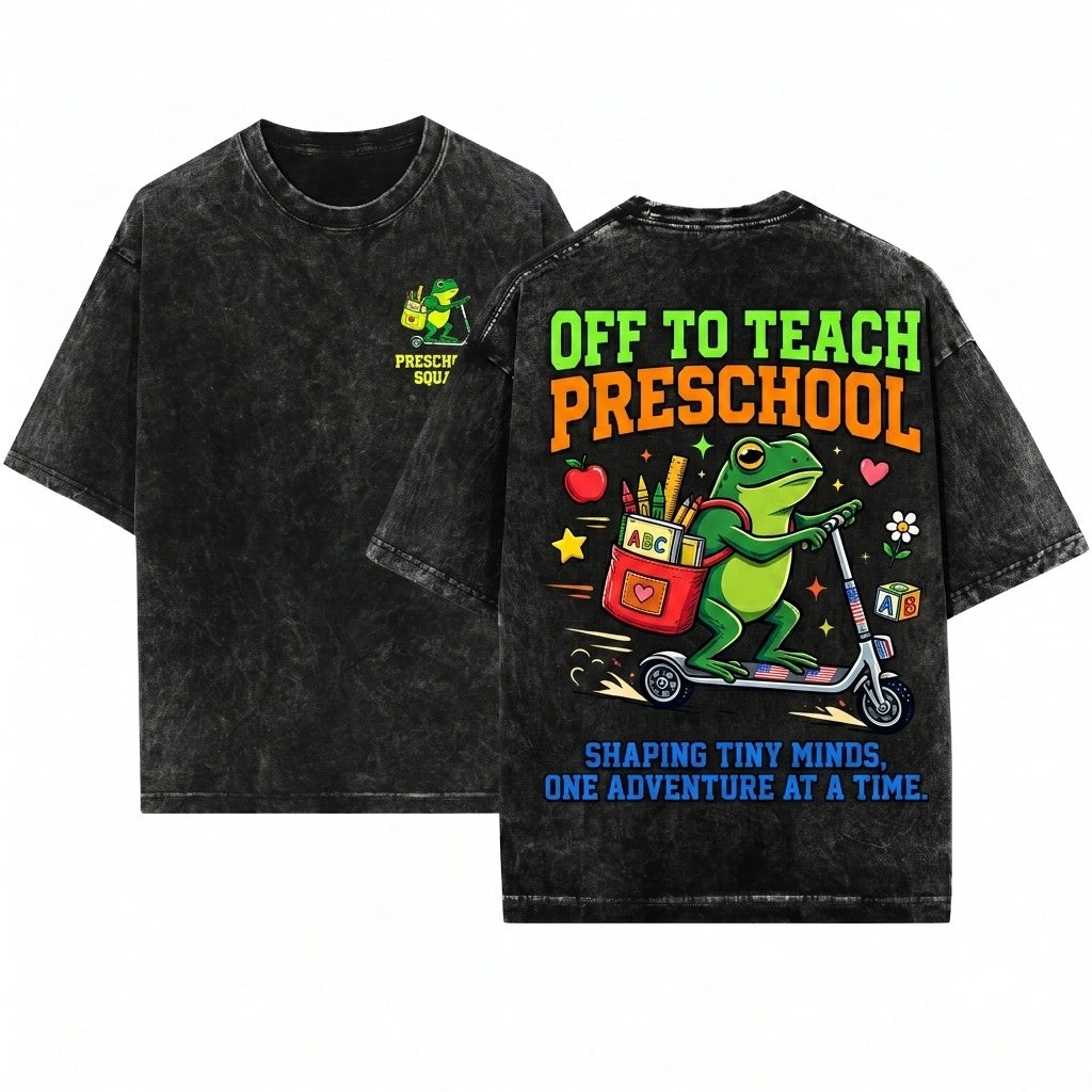 Funny Frog Riding Scooter Off To Teach Preschool Teacher First Day Of School Gift Unisex Wash T-Shirt