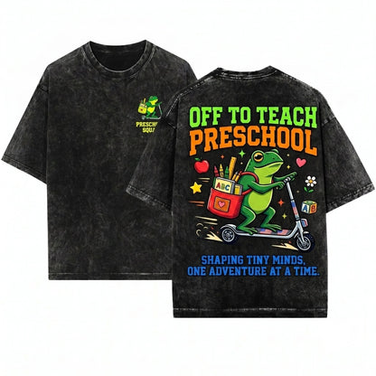 Funny Frog Riding Scooter Off To Teach Preschool Teacher First Day Of School Gift Unisex Wash T-Shirt
