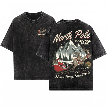 North Pole National Park Christmas Vintage Graphic Unisex Wash T-Shirt