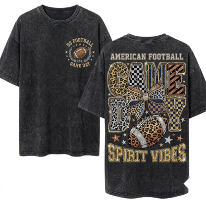 Preppy Leopard Checkered Star Game Day Football Season Black White Graphic Unisex Wash T-Shirt