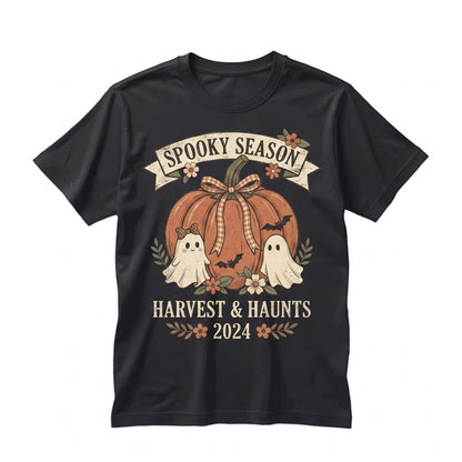 Cute Fall Pumpkin Bow Halloween Ghost Thanksgiving Autumn Season Thankful Vibes Holiday Graphic Unisex TShirt