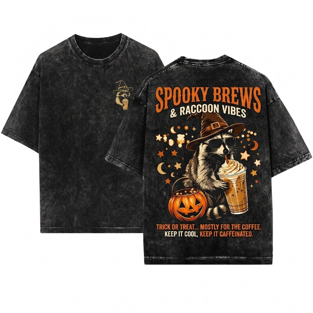 Cute Halloween Spooky Witch Raccoon Drinking Pumpkin Spice Coffee Lover Autumn Fall Graphic Gift Unisex Wash T-Shirt
